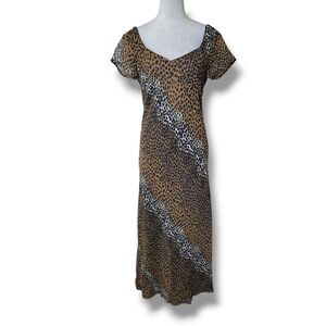 BAM! Vtg 90s Leopard Print Chiffon Maxi Dress Size M Plunging Open Back